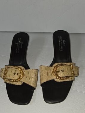 Donald J. Pliner Beige Croc-Embossed Slide Sandals with Gold Buckle